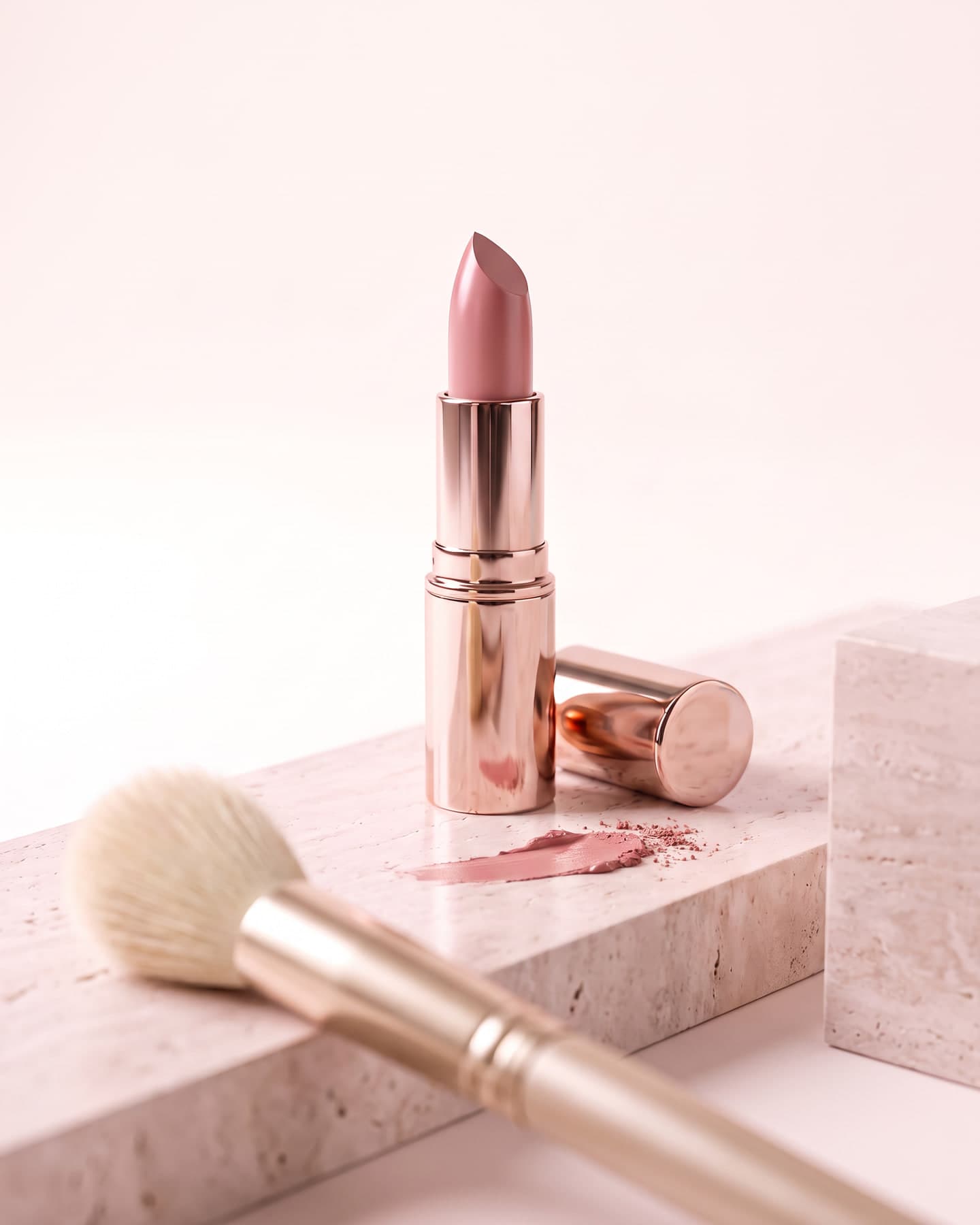 Batom rosado em embalagem rosé, com textura do batom e um pincel sobre pedra travertino